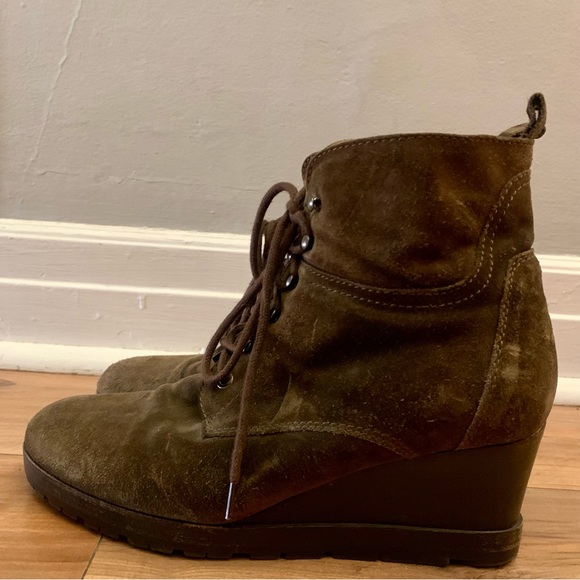 Aquatalia Chance Wedge Combat Boots Brown Suede Lace Up Booties Ankle Shoes, 10 - Picture 5 of 9